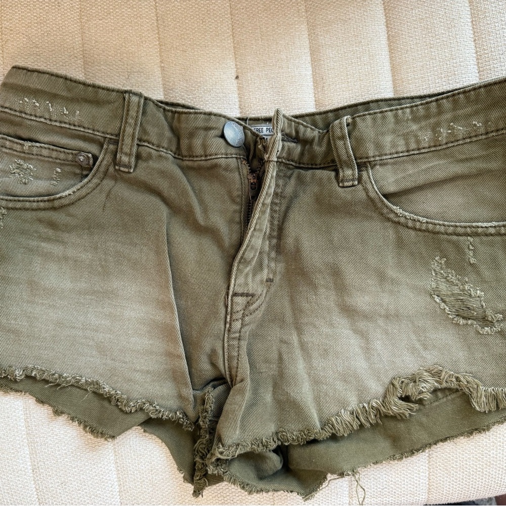 Free People Olive Distressed Jean Shorts